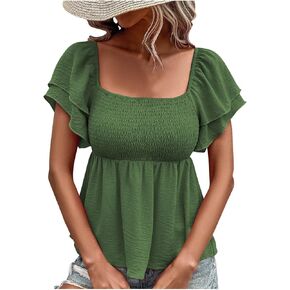 Womens Puff Sleeve Smocked Peplum Babydoll Tops Pleated Square Neck Casual Flowy Shirts for Date Night Summer Beach in Saudi Arabia