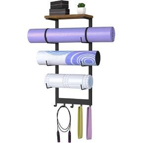 Yoga Mat Holder Wall Mount, Yoga Mats Storage Rack, Home Gym Wall Organizer Holder with Wood Floating Shelf and 5 Hooks, Storage Rack for Hanging Foam Roller/Band/Workout Equipment, Black in Kuwait