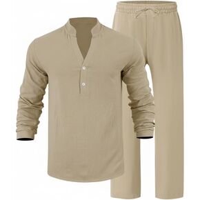 Men's 2-Piece Linen Set: Long Sleeve V-Neck Shirt & Pants | Fall Casual Loose Fit - L in Kuwait