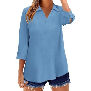 Business Casual Tops for Women 3/4 Sleeve V Neck Collared Cotton Linen Shirts Office Ladies Elegant Dressy Work Blouses in Kuwait