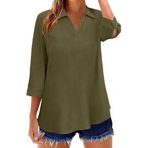 Business Casual Tops for Women 3/4 Sleeve V Neck Collared Cotton Linen Shirts Office Ladies Elegant Dressy Work Blouses in Saudi Arabia
