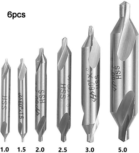 6-Piece HSS Double-Ended Center Drill Bit Set, 1 mm to 5 mm Sizes (1/1.5/2/2.5/3/5 mm), for Lathe Center Spotting and Countersinking, Silver in Kuwait