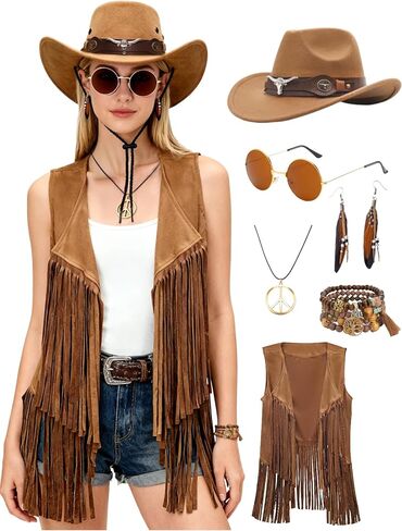 6 أجهزة كمبيوتر رعاة البقر ملابس غربية للنساء رعاة البقر الراعي الأزياء الهامش السترة البقر قبعة فتاة للنساء البلاد 70s الهبي. in Kuwait