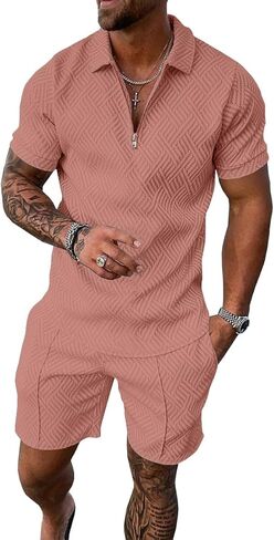 Uoua Mens Summer Track Suits 2 قطعة شورتات قصيرة الأكمام ملابس التعرق 1/4 Zip Golf Polo Stirts Loungwear in Saudi Arabia