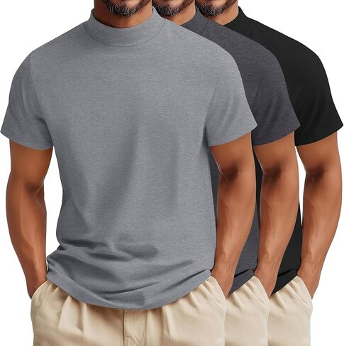 3 Pack Men's Mock Turtleneck Shirts Cotton Short Sleeve Pullover Tops Casual Slim Fit Summer Basic Tees in Kuwait
