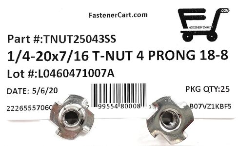 T-NUT Stainless Steel 1/4-20x7/16 4 Prong Tee Nuts (1/4-20 Thread 7/16 Barrel Length) 18-8 Stainless - (25) Pieces in Saudi Arabia