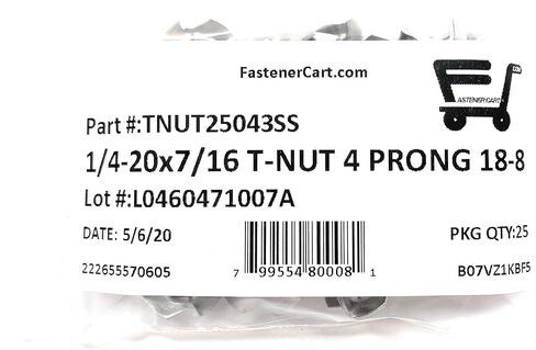 T-NUT Stainless Steel 1/4-20x7/16 4 Prong Tee Nuts (1/4-20 Thread 7/16 Barrel Length) 18-8 Stainless - (25) Pieces in Saudi Arabia