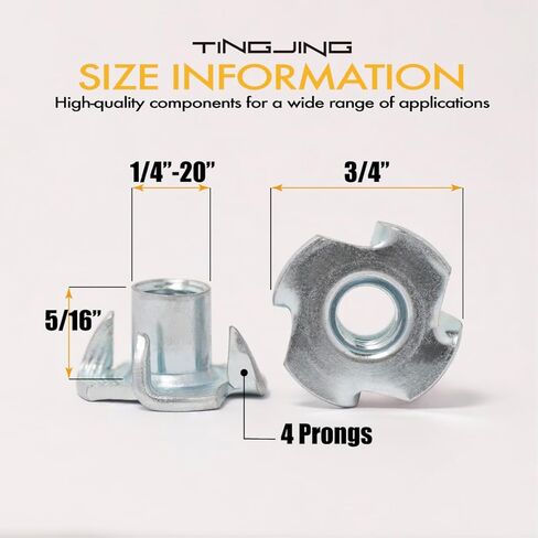 1/4"-20 T-Nuts 100 pcs, Corrosion Resistant Zinc-Plated Steel, 5/16" Barrel Length, 4 Pronged Tee Nuts for Wood, Furniture, Cabinets, Climbing Holds, Home Renovation, and Craft Projects in Saudi Arabia