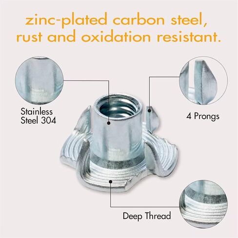 1/4"-20 T-Nuts 100 pcs, Corrosion Resistant Zinc-Plated Steel, 5/16" Barrel Length, 4 Pronged Tee Nuts for Wood, Furniture, Cabinets, Climbing Holds, Home Renovation, and Craft Projects in Saudi Arabia