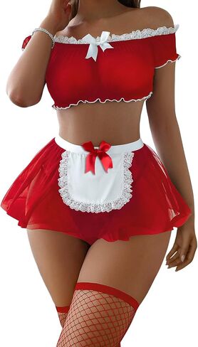Sexy Stockings Mini Skirt Mesh Sheer Lace Cosplay Costume Outfit Lingerie with Thong Set 4 Piece in Kuwait