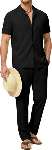 Men's Beach Outfit 2 Piece Casual Button Down Shirt Short Sleeve Loose Shirts and Pants Vacation Sets for Men in Kuwait