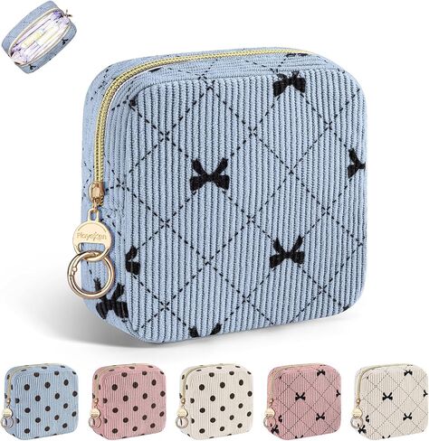 Period Bag for Teen Girls, Corduroy Cute Sanitary Napkin Storage Bag, Menstrual Pad Tampon Holder for Purse (Blue-Bow Tie) in Saudi Arabia