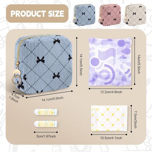 Period Bag for Teen Girls, Corduroy Cute Sanitary Napkin Storage Bag, Menstrual Pad Tampon Holder for Purse (Blue-Bow Tie) in Saudi Arabia