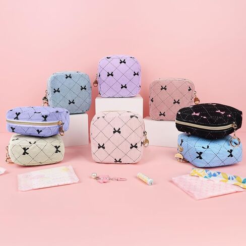 Period Bag for Teen Girls, Corduroy Cute Sanitary Napkin Storage Bag, Menstrual Pad Tampon Holder for Purse (Blue-Bow Tie) in Saudi Arabia