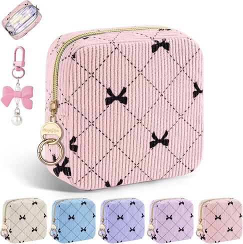 Period Bag for Teen Girls, Corduroy Cute Sanitary Napkin Storage Bag, Menstrual Pad Tampon Holder for Purse (Blue-Bow Tie) in Saudi Arabia