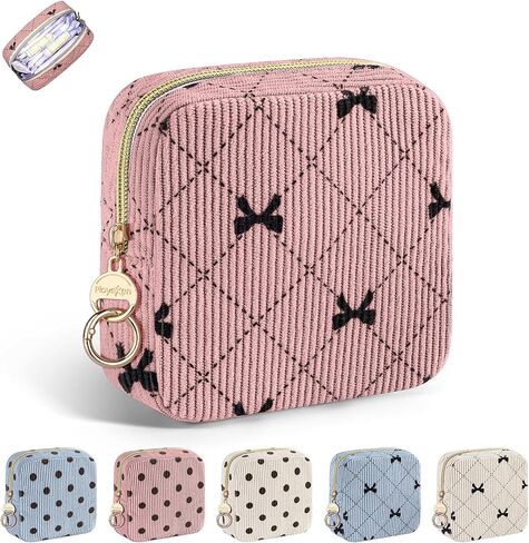 Period Bag for Teen Girls, Corduroy Cute Sanitary Napkin Storage Bag, Menstrual Pad Tampon Holder for Purse (Blue-Bow Tie) in Saudi Arabia
