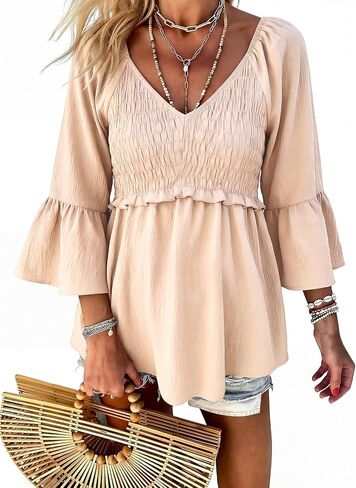 Womens Ruffle 3/4 Sleeve Babydoll Tops V Neck Peplum Blouse Smocked Loose Fit Tunic Top Bell Sleeve Dressy Tee Shirts in Kuwait
