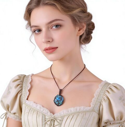 1pc Natural Labradorite Healing Crystal Stone Dragon's Heart Necklace Hand Woven Black Braid Moonstone Pendant Energy Balancing Necklace Gift in Festivals in Kuwait