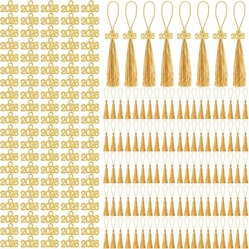 FOIMAS Mini Graduation Tassels,100pcs Mini GradeTassels with 100pcs 2025 Tassel Charms for Graduation Cap Keychain Ornaments DIY Craft Bookmarks Gifts Tag Jewelry Making Project,Gold in Kuwait