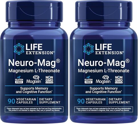 Life Extension Neuro-Mag Magnesium L-Threonate, Magnesium L-threonate, Memory Health, Quick Thinking, Cognitive Health Support, Vegetarian, Non-GMO, 90 Vegetarian Capsules in Kuwait