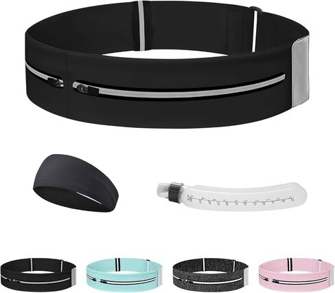 Running Belt for Women and Men, Adjustable Fanny Packs No Bounce Phone Holder for Running with Water Bottle & Headband, Waterproof Reflective Waist Packs for Runner Fits All Phones (M-Black) in Saudi Arabia