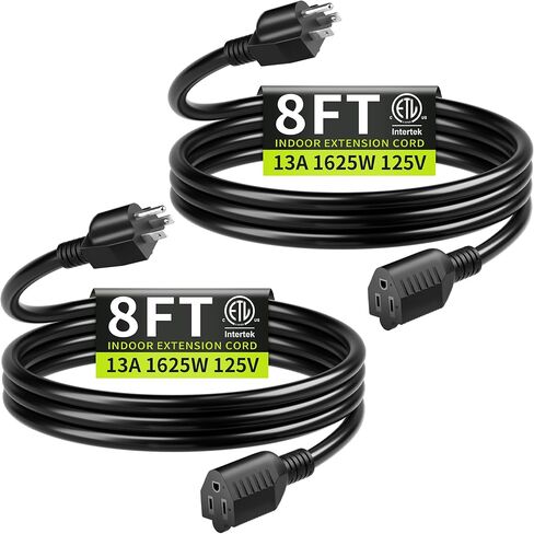 16/3 Black 15 FT (2Pack) Extension Cord, Indoor Extension Cord for Laptops, Coffee Makers, Office Home Appliances, 3 Prong Resistant Cable Flexible, 13A 125V 1625W ETL Listed in Saudi Arabia