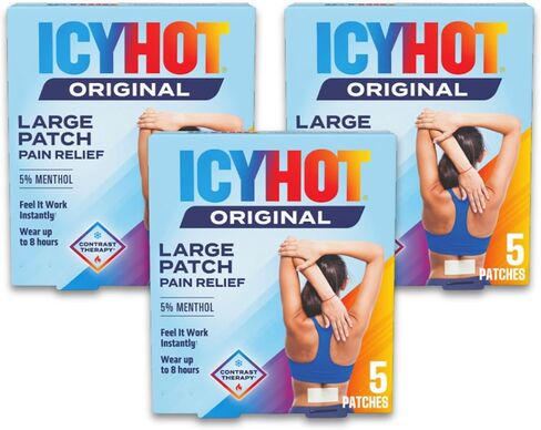 رقعة تخفيف الآلام الأصلية الجليدية الساخنة، رقع قماشية مريحة كبيرة الحجم مع المنثول 5%، علاج التباين بالثلج والحرارة لآلام الظهر والمفاصل وسلالات العضلات والتهاب المفاصل، 5 قيراط، 3 عبوات in Kuwait