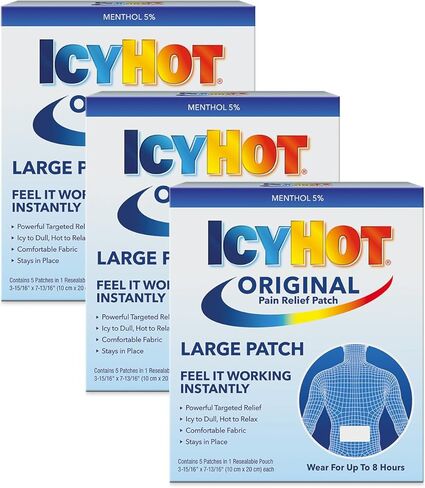 Icy Hot Original Pain Relief Patch, Large Size Comfortable Fabric Patches with Menthol 5%, Ice and Heat Contrast Therapy for Backaches, Joints, Muscle Strains and Arthritis, 5 ct., 3 Pack in Saudi Arabia