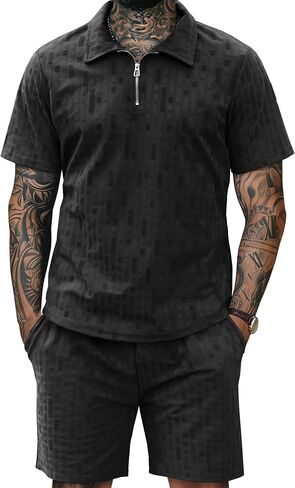 URRU رجالي محكم قميص بولو والسراويل القصيرة مجموعة عادية 2 قطعة ملابس الصيف قصيرة الأكمام ربع البريدي موضة جولف بولو البدلة in Kuwait