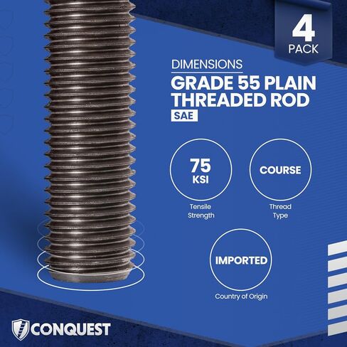 Conquest Fasteners Grade 55 Threaded Rod (ASTM F1554), 5/8" Diameter, 11 Thread Size, 24" Length, Right Hand Threads Designed for Structural Anchoring, Plain Finish - Made in USA (4 Pack) in Kuwait