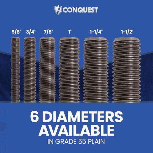 Conquest Fasteners Grade 55 Threaded Rod (ASTM F1554), 5/8" Diameter, 11 Thread Size, 24" Length, Right Hand Threads Designed for Structural Anchoring, Plain Finish - Made in USA (4 Pack) in Kuwait