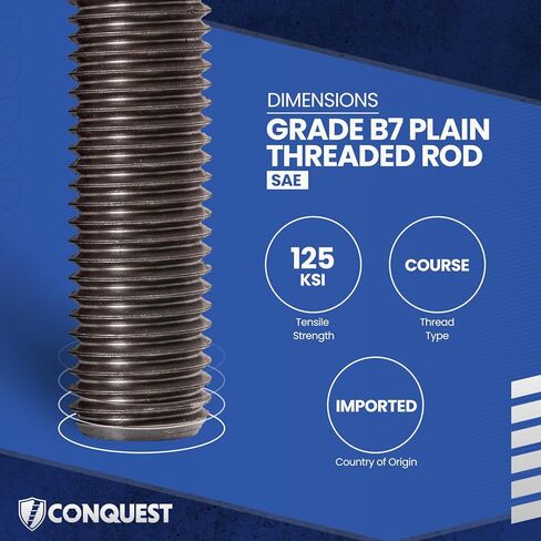 Fasteners Plus Grade B7 Coarse Fully Threaded Rod, Plain Finish, 1" -8 Thread Size, 18" Length, Right Hand Threads in Kuwait