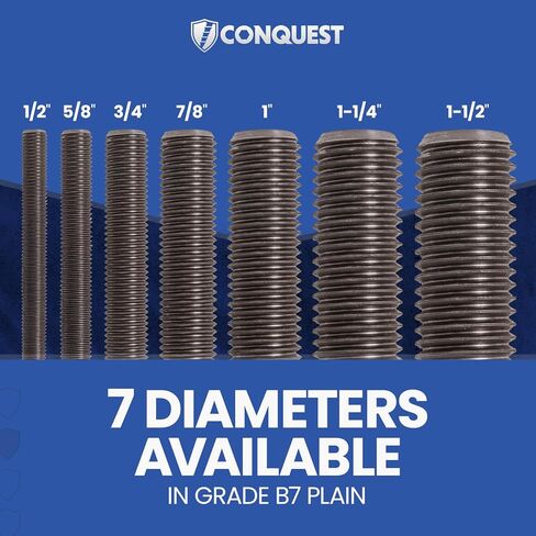 Fasteners Plus Grade B7 Coarse Fully Threaded Rod, Plain Finish, 1" -8 Thread Size, 18" Length, Right Hand Threads in Kuwait