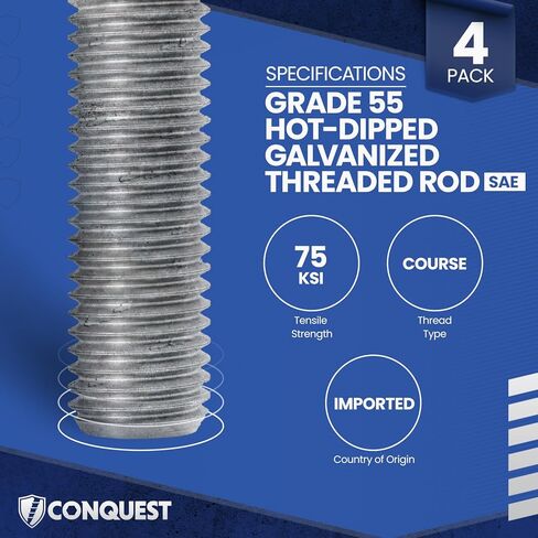Conquest Fasteners Grade 55 Threaded Rod (ASTM F1554), 3/4" Diameter, 10 Thread Size, 36" Length, Right Hand Threads Designed for Structural Anchoring, Hot Dip Galvanized - Made in USA (4 Pack) in Kuwait