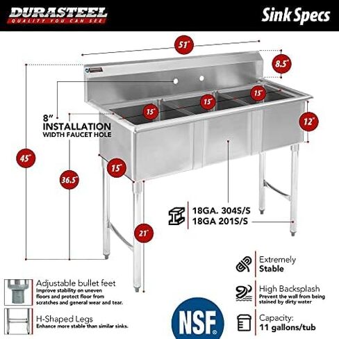 DuraSteel 3 Compartment Sink with Faucet - NSF Stainless Steel 15" x 15" x 12" 3 Bay Sinks Commercial Sink with No Drainboard - Three Industrial Kitchen Concession Sinks Restaurant, Food Truck Utility in Saudi Arabia