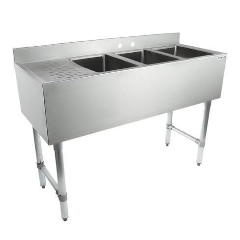 Empura 10" x 14" Stainless Steel Three Compartment Underbar Sink | Heavy-Duty Commercial Kitchen Bar Basin with 3.5" Drain Basket for Laundry | 12" Left Drainboard, 10"L X 14"D X 10"H, 18 Gauge, NSF in Kuwait