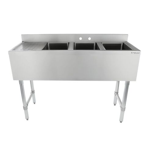 Empura 10" x 14" Stainless Steel Three Compartment Underbar Sink | Heavy-Duty Commercial Kitchen Bar Basin with 3.5" Drain Basket for Laundry | 12" Left Drainboard, 10"L X 14"D X 10"H, 18 Gauge, NSF in Kuwait