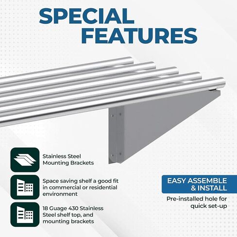 Premium Stainless Steel Tubular Wall Shelf – 72" L x 18" D | NSF Certified | Extra-Large Appliance & Equipment Shelf for Kitchen, Restaurant, Garage, Utility Room in Kuwait