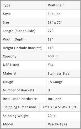 Premium Stainless Steel Tubular Wall Shelf – 72" L x 18" D | NSF Certified | Extra-Large Appliance & Equipment Shelf for Kitchen, Restaurant, Garage, Utility Room in Kuwait