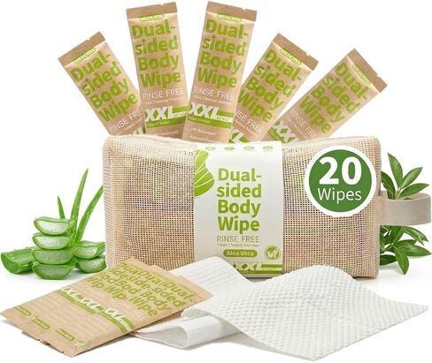 Body Wipes for Adults Bathing No Rinse - Dual-sided Shower Wipe for Women & Men, Aloe Vera Biodegradable Large Body Cleansing Wipes Individually Wrapped with Bag for Travel, Camping, Gym (20 Count) in Saudi Arabia