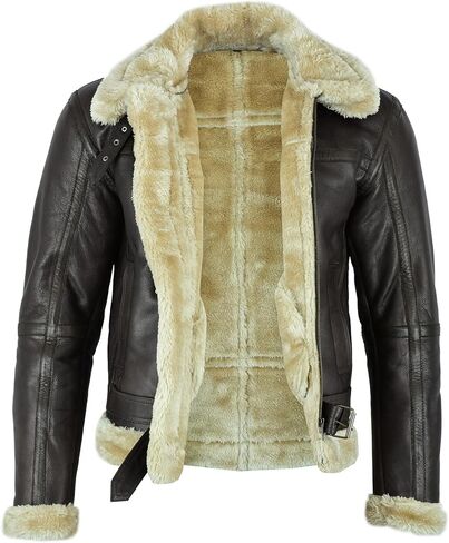 Leatherick Men Brown Aviator Real Goat Skin Leather Shearling Style Vintage Bomber Flying Jacket in Kuwait