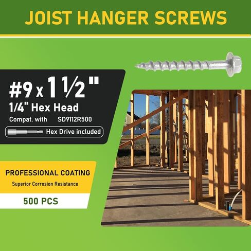 #9 x 1-1/2" SD Connector Screws, 500 pcs 1/4" Hex Drive Heavy-Duty Joist Hanger Screws for Decking,Framing, and Wood-to-Wood Connections, Mechanical Galvanized in Kuwait