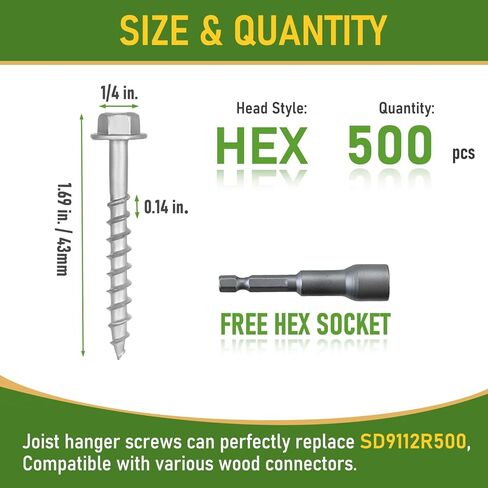 #9 x 1-1/2" SD Connector Screws, 500 pcs 1/4" Hex Drive Heavy-Duty Joist Hanger Screws for Decking,Framing, and Wood-to-Wood Connections, Mechanical Galvanized in Kuwait