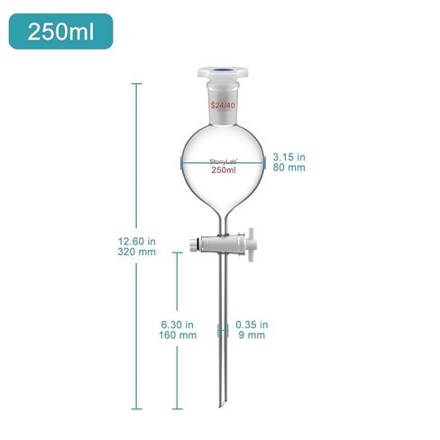 stonylab 250 mL Separatory Funnel with with 24/40 Joint & PTFE Stopcock, Borosilicate 3.3 Glass, Spherical Design for Liquid Extraction & Solvent Separation, Includes Plastic Stopper (1-Pack) in Saudi Arabia