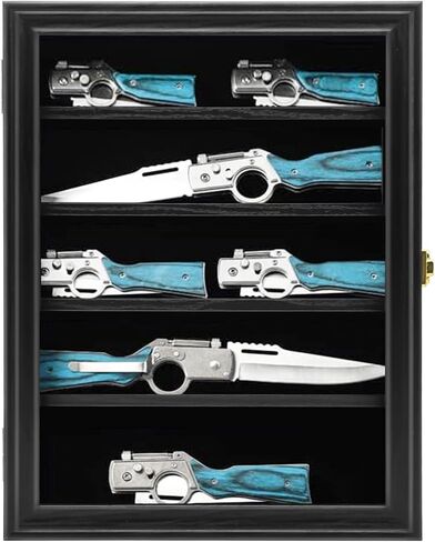 حافظة عرض سكين PiaoHao مع باب أكريليك قابل للقفل للحماية من الأشعة فوق البنفسجية بنسبة 98%، حامل عرض سكين عسكري خشبي قابل للطي على الحائط، حافظات عرض سكين الجيب للتخزين والتجميع، لمسة نهائية سوداء in Kuwait