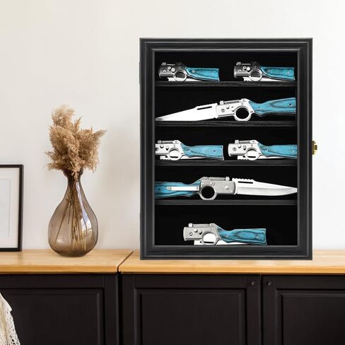 حافظة عرض سكين PiaoHao مع باب أكريليك قابل للقفل للحماية من الأشعة فوق البنفسجية بنسبة 98%، حامل عرض سكين عسكري خشبي قابل للطي على الحائط، حافظات عرض سكين الجيب للتخزين والتجميع، لمسة نهائية سوداء in Kuwait