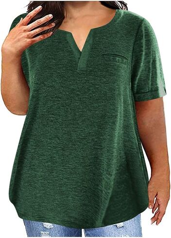 Womens Plus Size V Neck Loose Casual Tops Comfy Short Sleeve Shirts Solid Summer Dressy Blouse Fashion Office Wear in Saudi Arabia