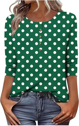 المرأة البولكا نقطة Crewneck 3/4 كم طول بلايز زر أسفل قمصان عادية فضفاضة لينة يوميا ارتداء كل موسم البلوزات in Saudi Arabia