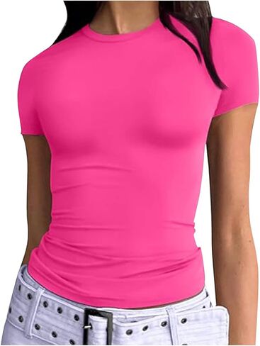 Athletic Summer Tops for Women Tight Fit Short Sleeve Shirts Solid Crewneck Slim Fit Quick Dry Running Gym Blouse in Saudi Arabia