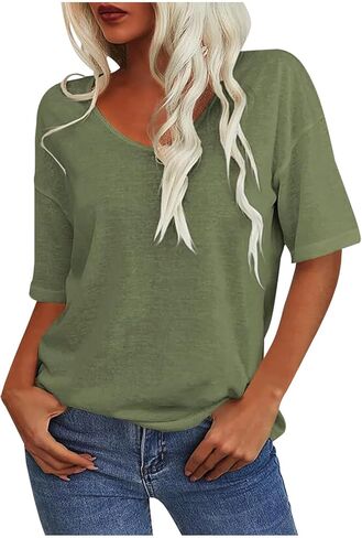 Womens Solid Color Crewneck Short Sleeve Loose Fit Tops Casual Soft Shirts for Daily Basic Summer Fashion Blouses in Saudi Arabia